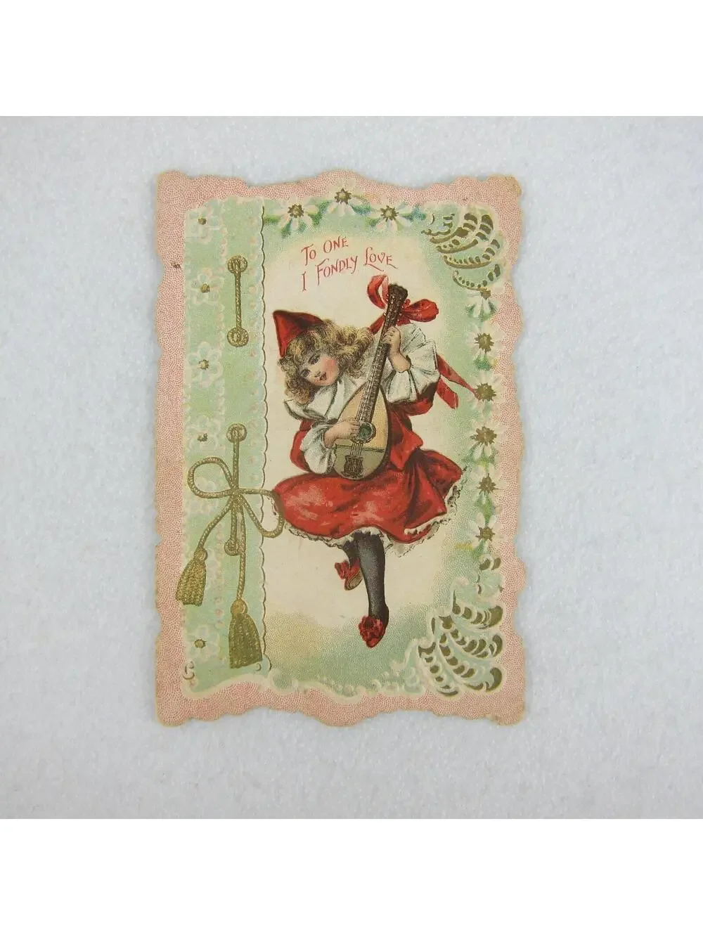 Antique Valentine Blonde Girl Minstrel Play Lute Red Dress Hat Embossed UNSIGNED